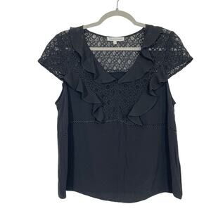 Heartloom Womens Black Lace Ruffle Sheer Cap Sleeve Blouse Sz Medium Whimsigoth